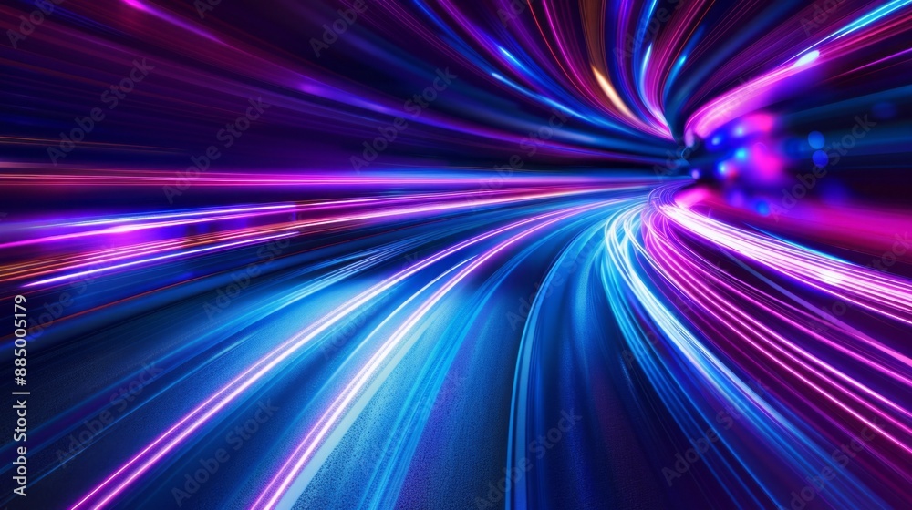 Panoramic high-speed technology concept: light abstract background with speed motion on road in blue and purple neon glow colors, representing futuristic innovation and digital advancement


