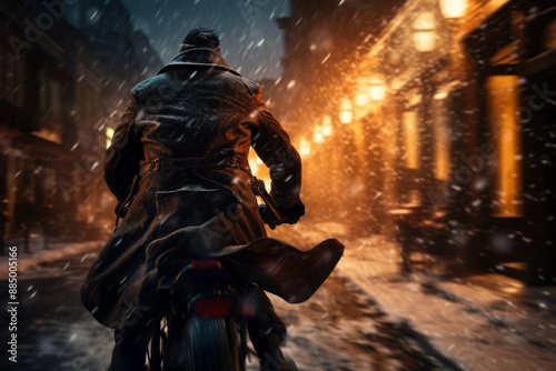 A man riding a motorcycle on a snowy city street at night.
