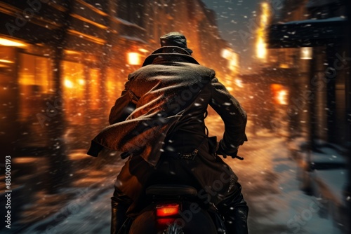 A man riding a motorcycle on a snowy city street at night.