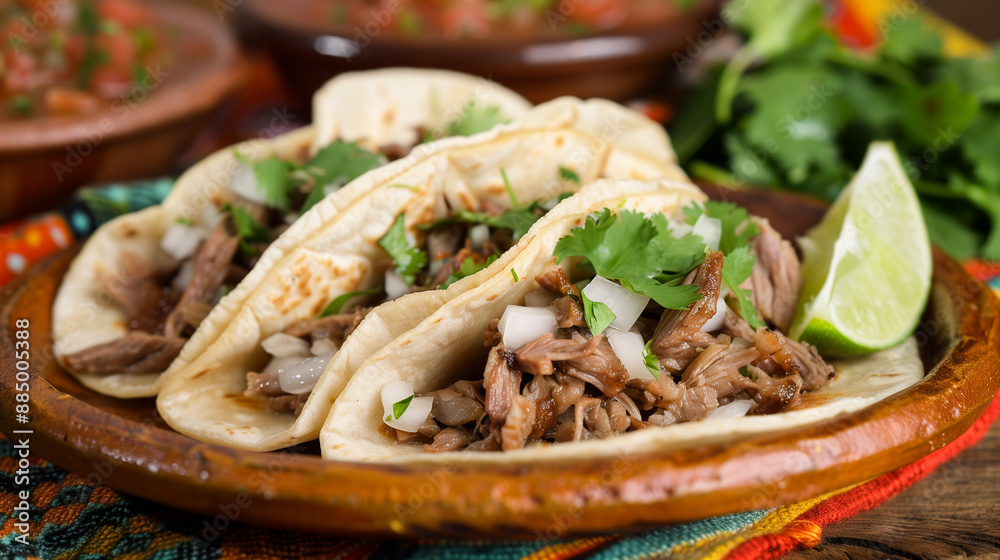 Three tacos with meat and onions and a lime on top Three tacos with meat and onions and a lime on top