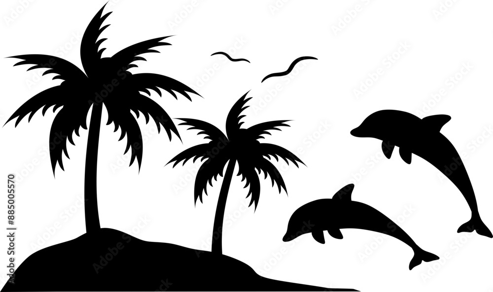 Dolphins and Island Vector Graphic Dolphins and Island Vector Graphic