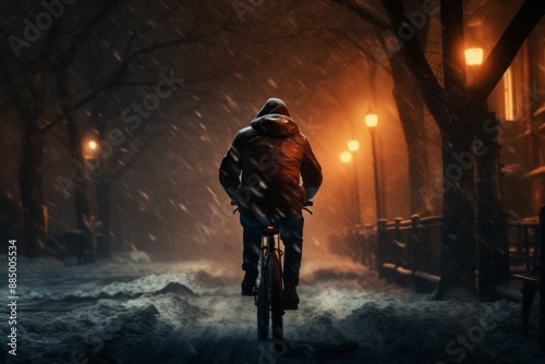 Young man riding a bicycle in the city on a snowy winter day.