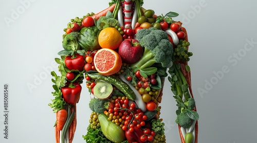 Creative concept of human anatomy with body made from fresh fruits and vegetables, promoting healthy eating and nutrition.