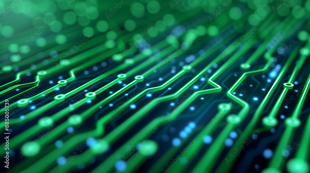 Close-up of a glowing green circuit board, showcasing intricate electronic pathways and modern technology.
Close-up of a glowing green circuit board, showcasing intricate electronic pathways and modern technology.