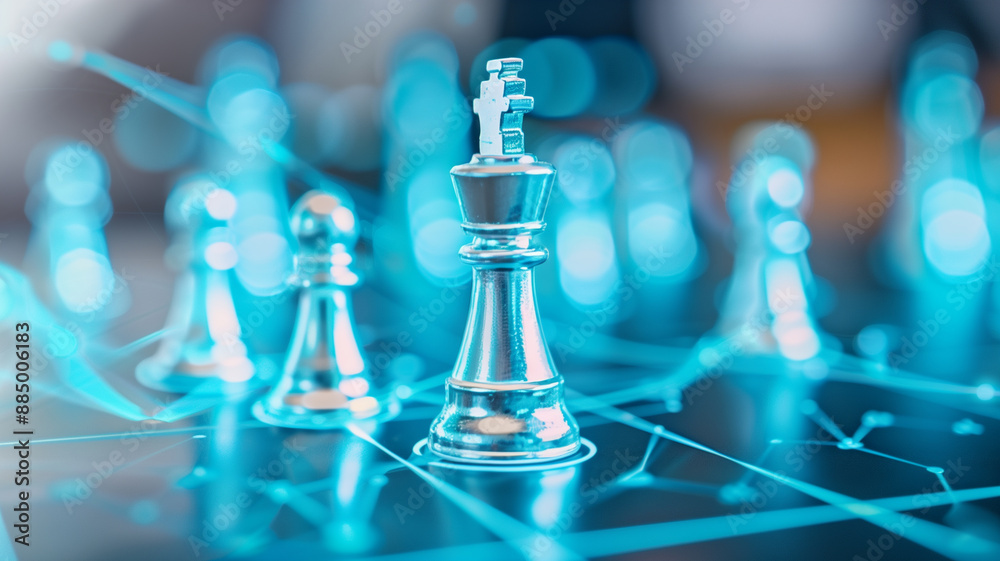Futuristic digital chess pieces with neon blue lights on a chessboard, symbolizing technology and strategy.
