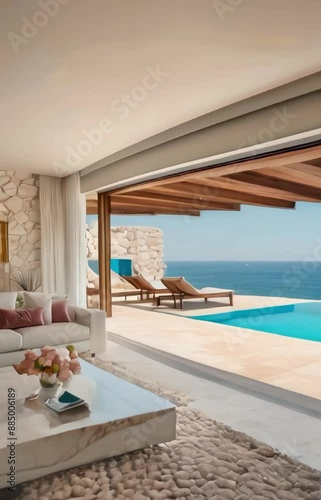 Living room of luxury pink stone villa on the beach