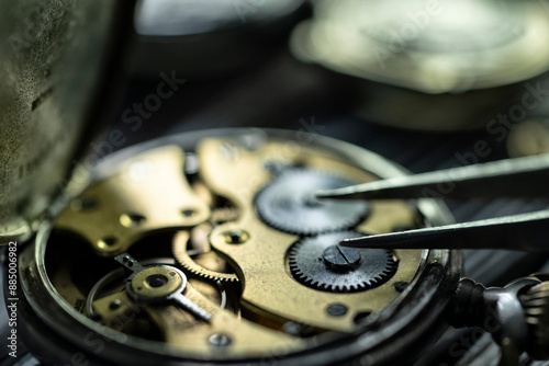 Watch repair. Watchmaker's workshop. Special tools for watch adjustment