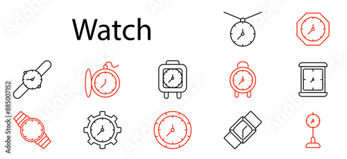 Watch set icon. Wristwatch, pocket watch, timer, clock, stopwatch, gear, timepiece, chronograph, time, alarm, measurement, analog, digital, vintage, modern, gadget, accessory, device, precision.