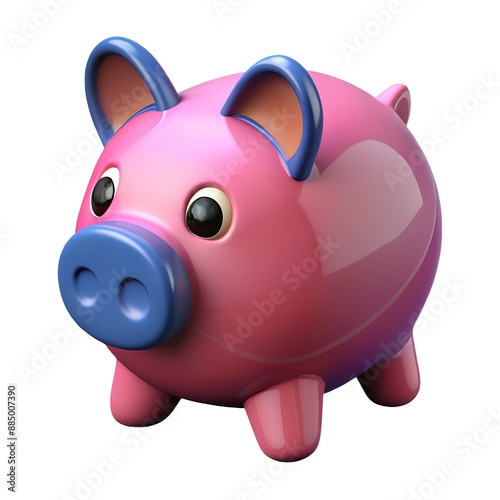 A pink piggy bank with blue ears and a blue nose on white photo