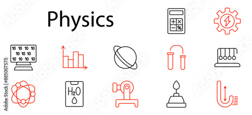 Physics set icon. Atom, graph, planet, calculator, test tubes, gear, beaker, Newton's cradle, formula, water molecule, microscope, physics lab, energy, experiments, scientific instruments.