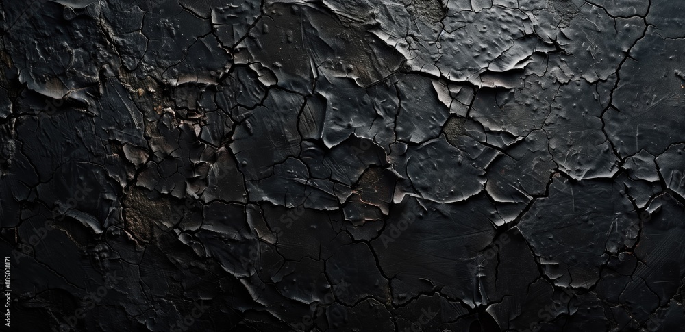 Cracked and textured dark paint surface with deep fissures and rugged patterns. Halloween background, texture, material deterioration, weathered surface, abstract art concept. Cracked and textured dark paint surface with deep fissures and rugged patterns. Halloween background, texture, material deterioration, weathered surface, abstract art concept.
