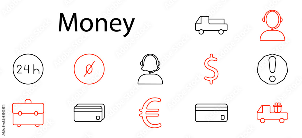 Money set icon. Currency, truck, credit card, euro, dollar, alert, headset, suitcase, payment, finance, banking, online transaction, customer support, delivery, cash, economics. Money set icon. Currency, truck, credit card, euro, dollar, alert, headset, suitcase, payment, finance, banking, online transaction, customer support, delivery, cash, economics.