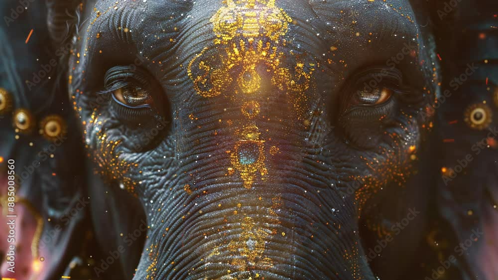 Video recreation close up of a elephant head with up as Ganesha hindu deity	
