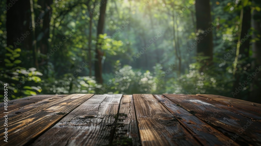 wooden table with forest view background wooden table with forest view background