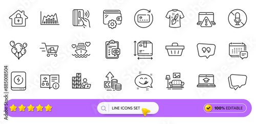 Wallet, Renew card and Shopping basket line icons for web app. Pack of Technical algorithm, Inventory, Lock pictogram icons. Power bank, Shopping cart, Box size signs. Honeymoon cruise. Vector