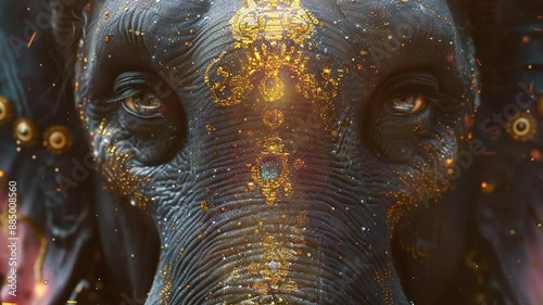 Video recreation close up of a elephant head with up as Ganesha hindu deity	
 photo