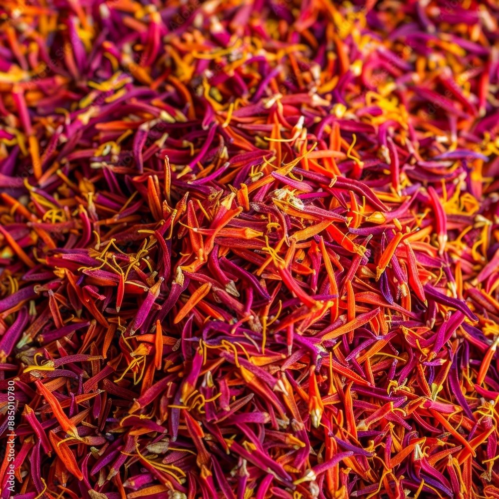 Fototapeta premium Saffron texture background, crocus sativus flowers pattern, dry herbal petals banner, aromatic herbs