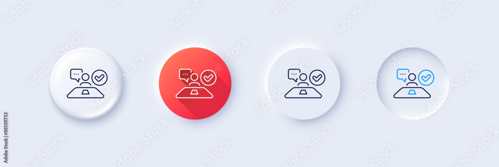Approved interview line icon. Neumorphic, Red gradient, 3d pin buttons. Accepted employee sign. Human resource symbol. Line icons. Neumorphic buttons with outline signs. Vector Approved interview line icon. Neumorphic, Red gradient, 3d pin buttons. Accepted employee sign. Human resource symbol. Line icons. Neumorphic buttons with outline signs. Vector