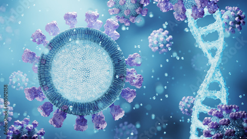 Close-up 3D rendering of a phospholipid structure in a blue and purple color scheme, showcasing molecular details and DNA strands.