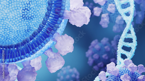 Close-up 3D rendering of a phospholipid structure in a blue and purple color scheme, showcasing molecular details and DNA strands.