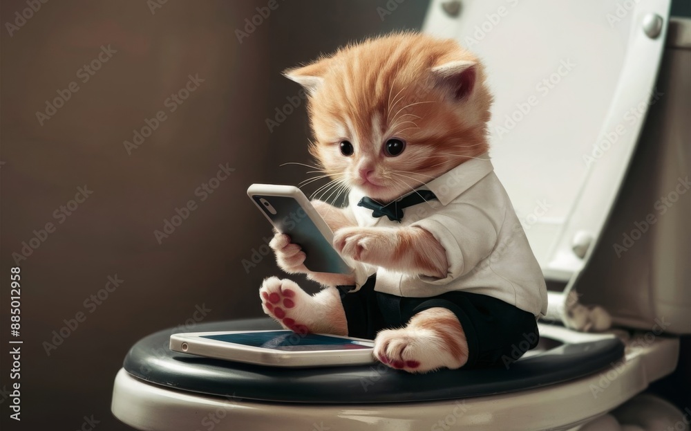 Fototapeta premium the kitty sitty in the toilet and playing phone for using internet