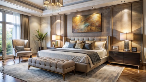 Luxurious master bedroom with a plush king-size bed beneath a massive abstract artwork dominating the neutral-toned walls.