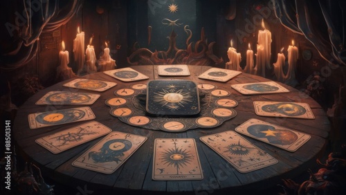 mystical tarot card spread on a wooden table. The cards are intricately illustrated with various symbols, including stars, moons, suns, and celestial beings. 3d 
