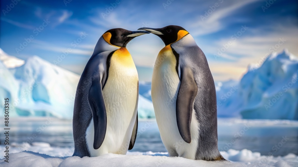 Fototapeta premium Tenderly embracing, two majestic emperor penguins stand on Antarctic ice, gazing lovingly into each other's eyes, feathers softly entwined.