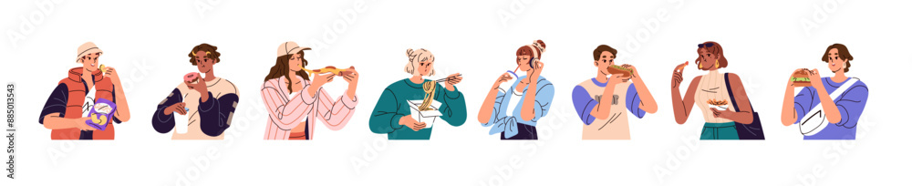 Happy people eat different fast food set. Young men and women bite fastfood, drink soda. Characters with burgers, pizza, hot dogs, noodle, chips. Flat isolated vector illustrations on white background Happy people eat different fast food set. Young men and women bite fastfood, drink soda. Characters with burgers, pizza, hot dogs, noodle, chips. Flat isolated vector illustrations on white background