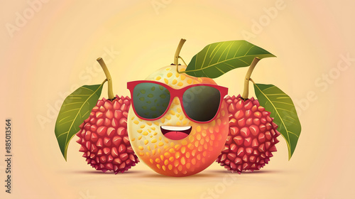 A delightful lychee cartoon character with a smiling face and sunglasses, set against a vibrant pink background, exuding a fun and playful summer vibe with ample copy space