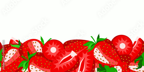 strawberry seamless border. The painted sweet, juicy strawberries are arranged in a horizontal line. vector illustration of whole red berries and pieces in cartoon style
