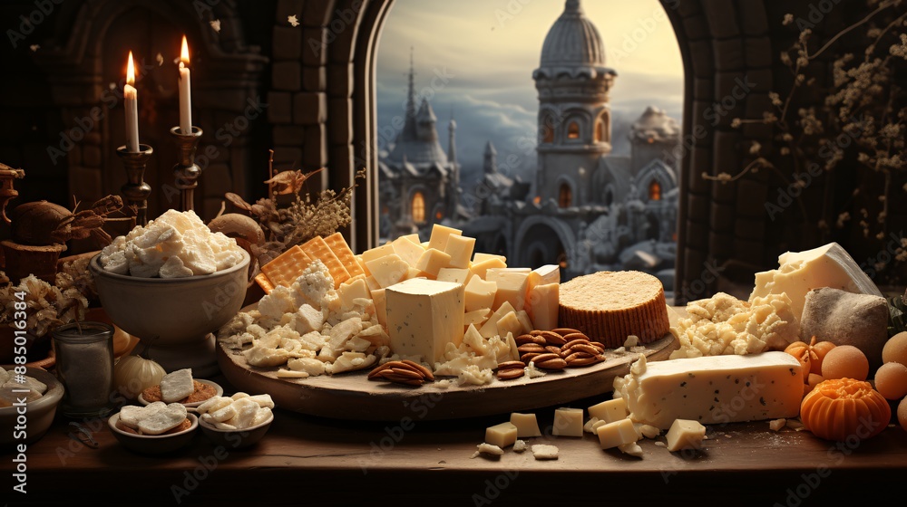 Fototapeta premium Cheese platter with different types of cheese on wooden table with city view background