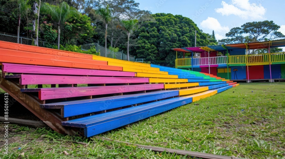 A colorful set of bleachers is on a grassy field A colorful set of bleachers is on a grassy field