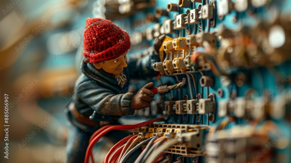 A close-up photo A tiny electrician elf perched atop an electrical panel meticulously repairing intricate wires using miniature tools