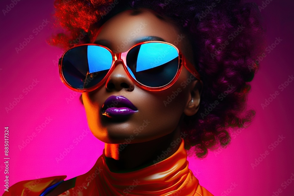 High fashion studio portrait of young african american woman with sunglasses