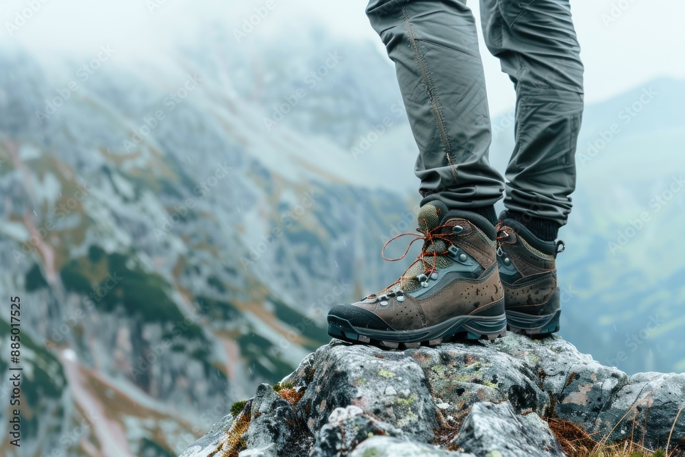 male hiker legs with modern trekking and climbing boots on a rock in mountains male hiker legs with modern trekking and climbing boots on a rock in mountains