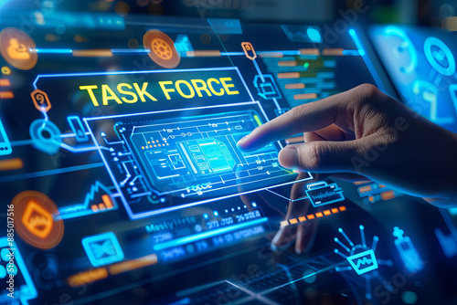 Forensic expert is pressing TASK FORCE on a touch screen interface. Business metaphor and law enforcement technology concept. Icons onscreen refer to peer experts, investigative tools and coding with 