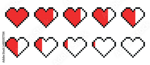 Pixel game life bar. Vector art 8 bit health heart bar. Heart gamer health sign. Pixel icon, vector illustration isolated on white background. Gaming controller, symbols set.