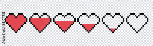 Set of pixel game life bar. Vector art 8 bit health heart bar. Heart gamer health sign. Pixel icon, vector illustration isolated on checkered background. 