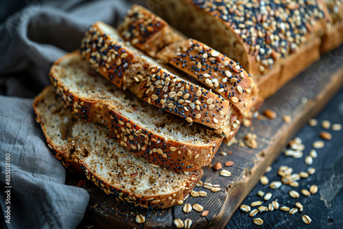 High-resolution stock photo of sliced multiseed bread on a wooden board, close-up view, photo