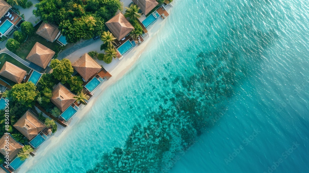 Fototapeta premium Abstract Paradise Background with Aerial View of Tropical Beach Villas Over Water. Beautiful Beach, Clear Blue Sea, and Sunny Overwater Bungalows. Ideal for Bestselling Summer Vacation, Retirement, Le