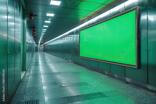 Green-lit digital displays line an empty subway station. Generative AI