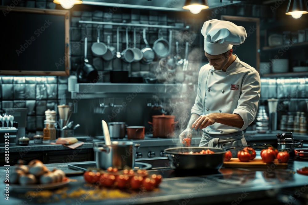 Professional chef adding ingredients to a steaming pan in a commercial kitchen Professional chef adding ingredients to a steaming pan in a commercial kitchen