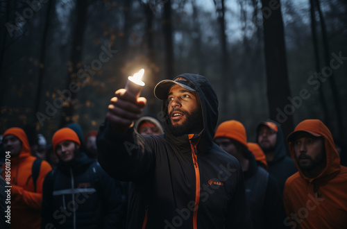 A man holds a lit candle in the forest, surrounded by a group of people wearing hoodies in the dark. photo