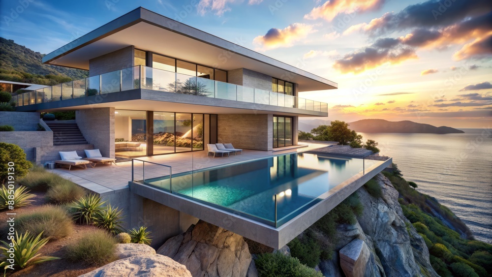 Fototapeta premium Luxurious contemporary cliffside residence with sleek angular lines and infinity pool, showcased in breathtaking hyperrealistic digital rendering.