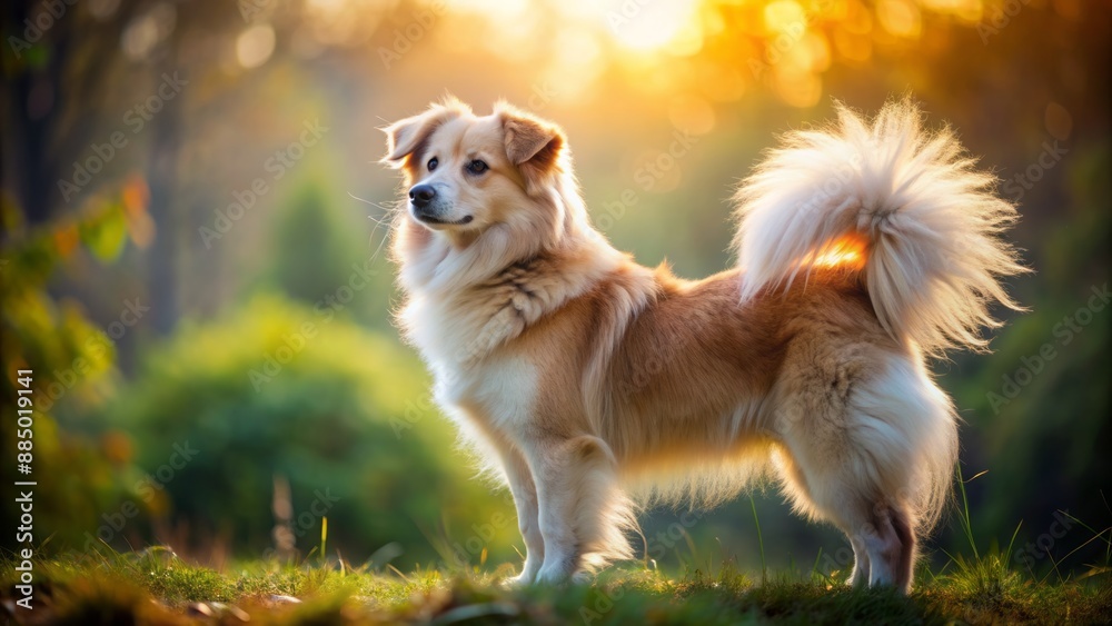 Adorable fluffy canine rear view profile showcasing soft fur texture, wagging tail, and curious posture on a natural background. Adorable fluffy canine rear view profile showcasing soft fur texture, wagging tail, and curious posture on a natural background.