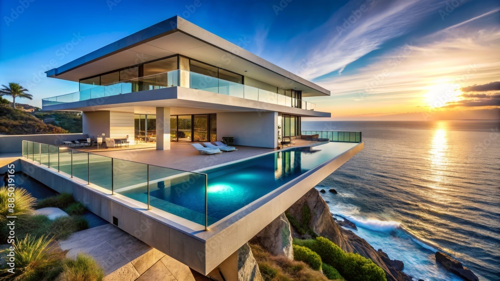 Fototapeta premium Dramatic futuristic cliffside residence with sleek angular lines, gleaming infinity pool, and expansive ocean views, set against a radiant blue sky.