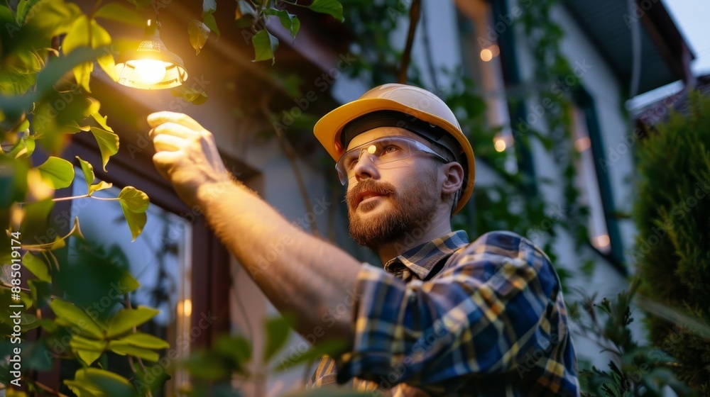 Obraz premium Worker installing outdoor motion-activated security lights in a residential backyard deterring intruders and enhancing home security.