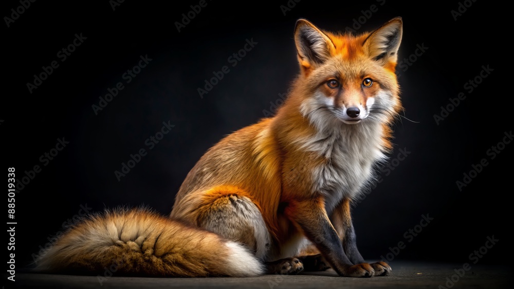 Vibrant cartoon red fox with sly expression and bushy tail sits proudly on a sleek, mysterious black background. Vibrant cartoon red fox with sly expression and bushy tail sits proudly on a sleek, mysterious black background.