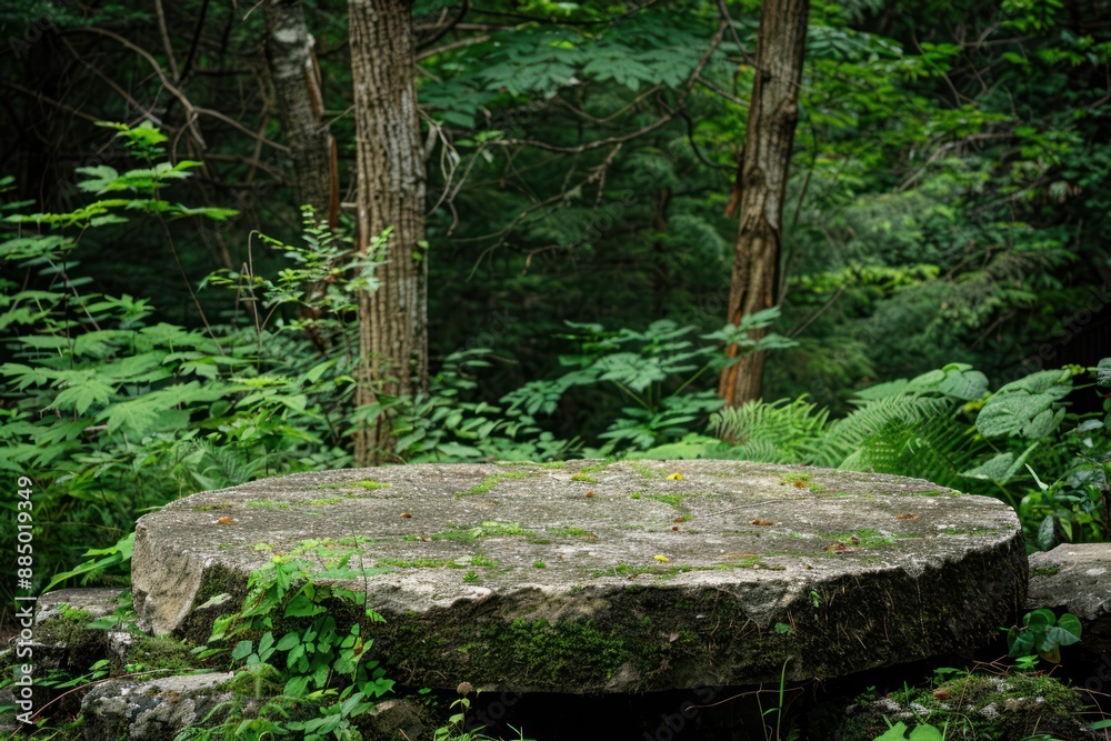 Natural stone and concrete podium in Natural green background for Empty show for packaging product presentation Natural stone and concrete podium in Natural green background for Empty show for packaging product presentation